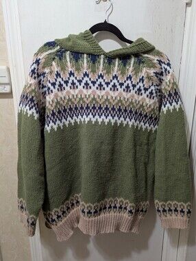 Women's Green Patterned Long Sleeve Hooded Sweater XL